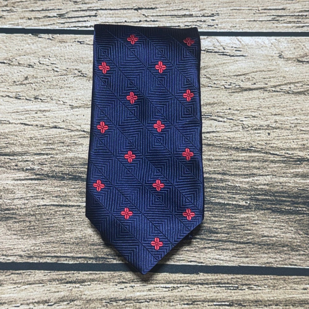Faconnable Silk Tie Navy Blue Red Geometric Floral Hand Made in Italy